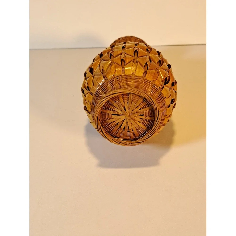 Vintage Bamboo Woven Vase‎ Pineapple Style Basket Weave Bud Vase with Liner